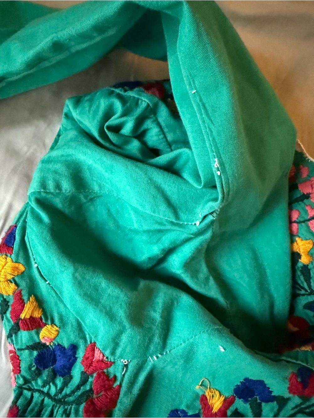 Vintage Mexican Oaxacan Embroidered Green Maxi Dress Long Sleeves Hippie S M - Picture 13 of 14